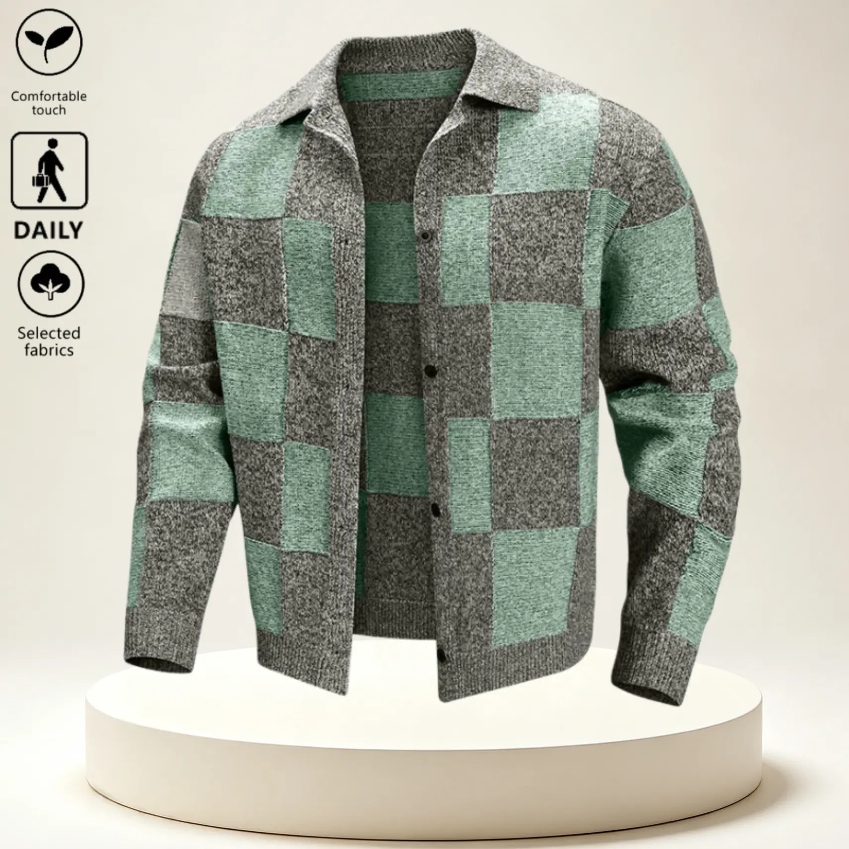 Men's Checkered Knit Cardigan - Notched Lapel, Long Sleeve, High-Street Minimalist, Smooth Drape, Clean Non-Bulky Fit, Shirt-Style Design, Loose Hem, Deep/Light Green, Balances Casual & Elegant Vibes sohochic