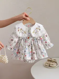 Summer Baby Girl Dress Romper, Embroidered Lace Trim, Doll Neck, Floral Print, Suitable for Daily Outings, Cute Infant Clothing