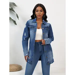 Women Fashionable Ripped Turn-down Collar Stylish Dark Blue Denim Jacket for Women Women's Elegant Casual Coat jackets  for