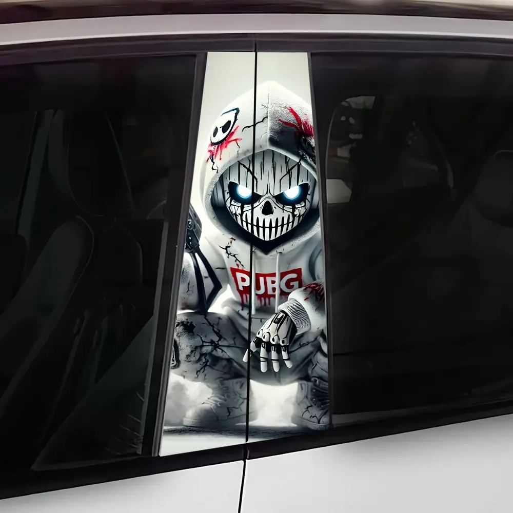2 Piece Gun Skull Pattern Vinyl Car B-Pillar Decal, Self-Adhesive, Semi-Matte, Waterproof, Easy-Paste, Suitable for Glass and Metal Surfaces, Slender Shape, Single Use, Decal for Cars, Car Decals