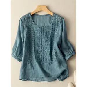 Women'SBohoCasualTopPlusSizeLinenSummerFloralEmbroideredFashionTopsVNeck3/4SleeveLooseBlouseT-ShirtsWhiteCotton