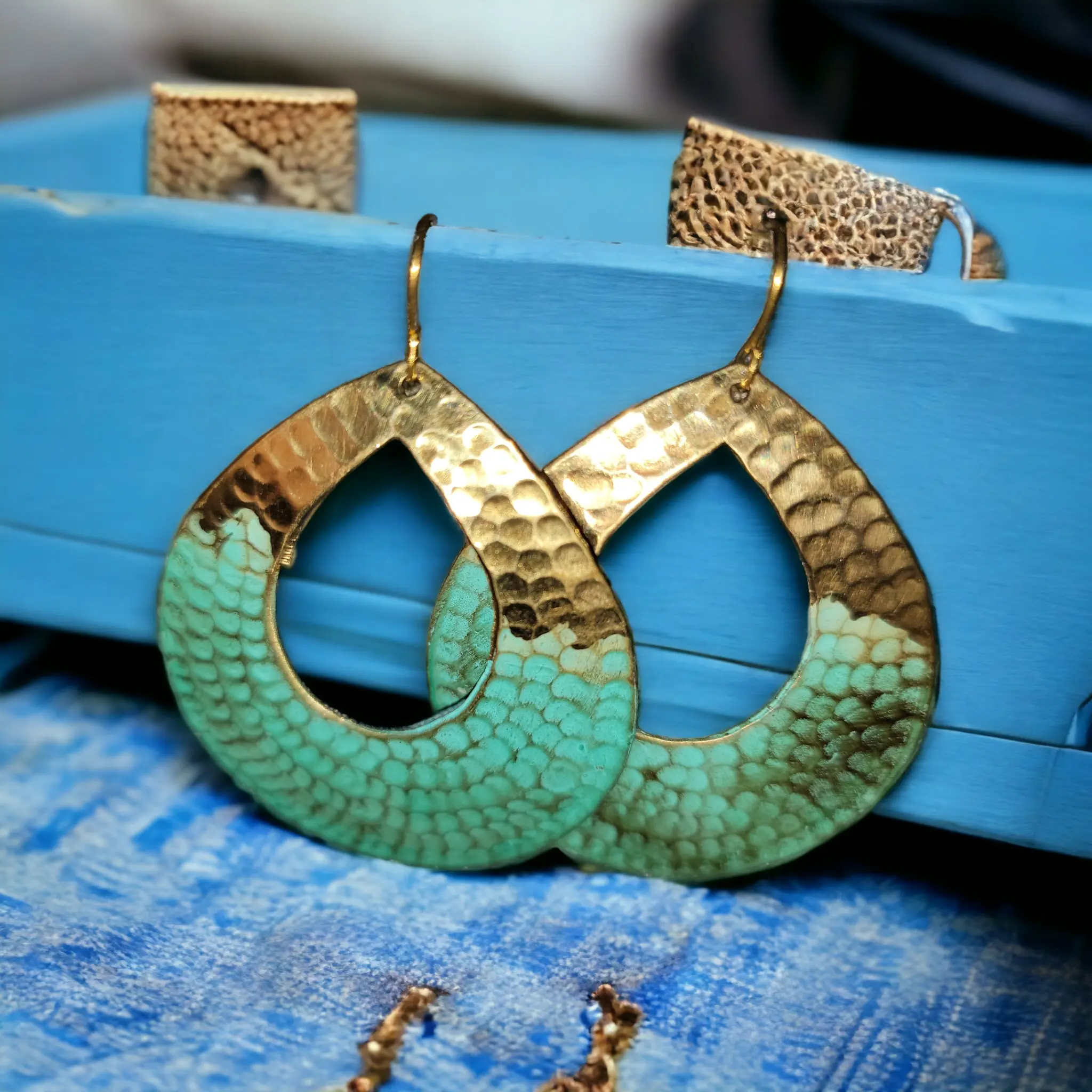 Cynn Gold Hammered Teardrop Earrings with Green Patina Finish - Bohemian Style Costume Jewelry & Accessories