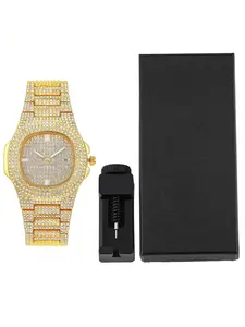 Rhinestone Decorated Watch & Watch Adjustment Tool Set, Fashionable Wristwatch for Men & Women, Trendy All-match & Exquisite for Birthday Gift, Stylish Quartz Watch, Rhinestone Embellished Watch