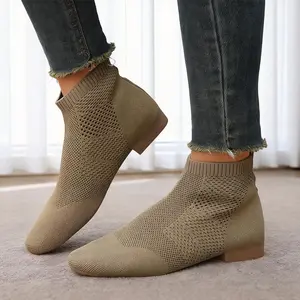 Women’s pointed-toe knit sock boots, fashionable stretchy mid-calf short boots, lightweight breathable slip-on ankle boots, spring/summer flat low-heel casual boots