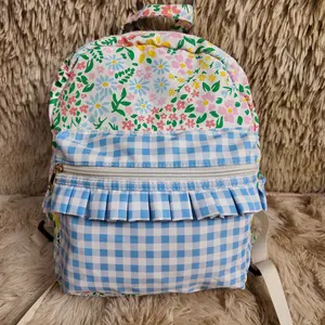 Light blue gingham ruffle pockets floral printed bag toddler girls backpack