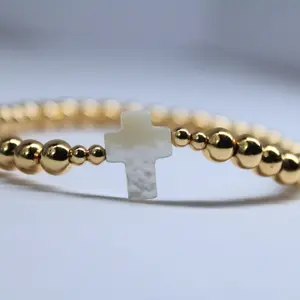 Gold Beaded Bracelet with Cross Charm - Simple Gold Beads and Elegant Cross Design