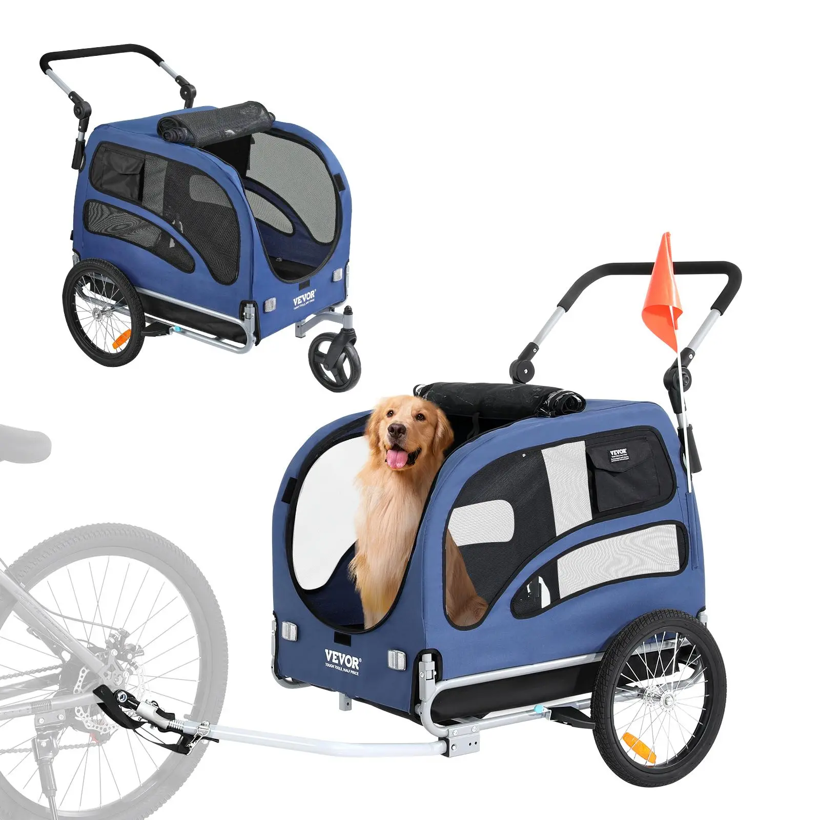 VEVOR 2in1 Bike/Stroll Outdoor Dog Carrier - 100 lbs Capacity Bicycle Trailer & Pet Stroller, Easy-Folding Frame, Quick-Release Wheels, Universal Coupler, Reflectors, Flag, Blue/Black