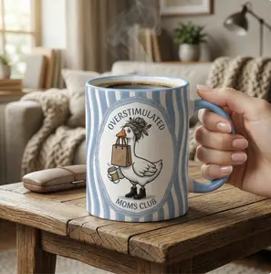 Overstimulated Moms Club Goose Ceramic Mug, Blue Stripe Coffee Cup with Goose Illustration