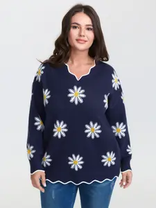 【All-Day Comfort】Bloomchic Supersoft Indigo Floral Print Long Sleeve V-neck Pullover for Women High Stretch Loose Fit Playful Sweatshirts Flowers Garment Womenswear Fabric Tops