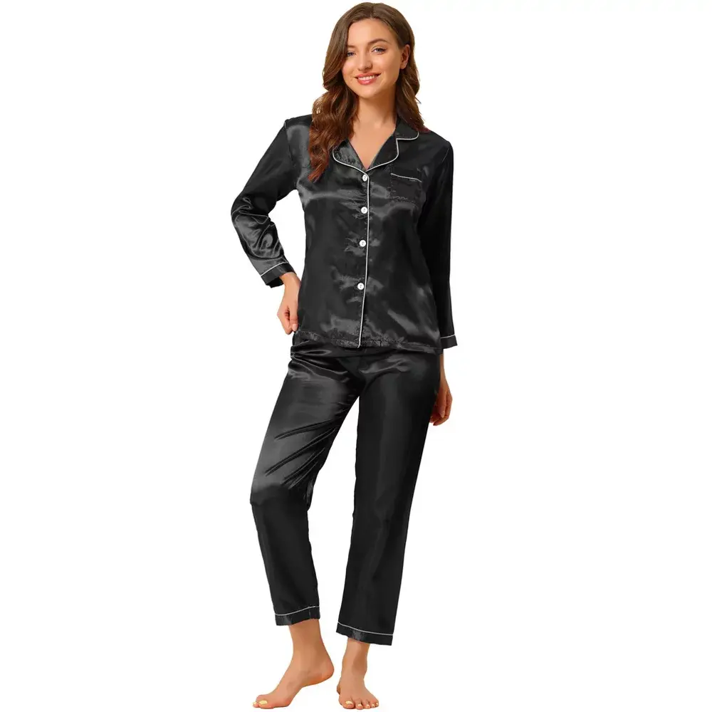 Allegra K Women's Satin Button Down Sleepshirt with Pants Sleepwear Pajama Set Black Medium