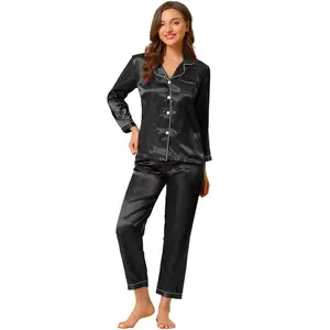 Allegra K Women's Satin Button Down Sleepshirt with Pants Sleepwear Pajama Set Black Medium