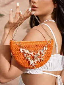 Women Top Handle Bags, Straw Bag, Orange, Summer Vacation, Marine Element Chain Decorated, Fashionable, Elegant, Simple, Personalized, Versatile, For Beach, Vacation, Holiday, Summer, Seaside Straw Woven Bag(Detachable Decorative Chain)