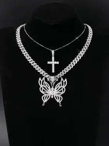 Butterfly Pendant Necklace & Cross Pendant Necklace Set, Elegant Jewelry Set for Party, Daily Clothing Decor, Trendy All-match & Exquisite Jewelry for Birthday Gift, Cross Charm Necklace