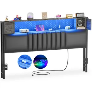 Homieasy Upholstered Headboard for Queen Size Bed Frame with Storage Shelf, Headboards with Outlets and LED Light, Comfortable Head Board, Black Oak