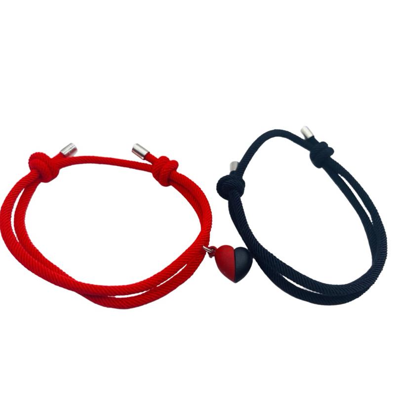 Matching Couple & Friendship Bracelet Set Unisex Heart Design Red & Black Cord Romantic Supportive Gift for Girlfriends