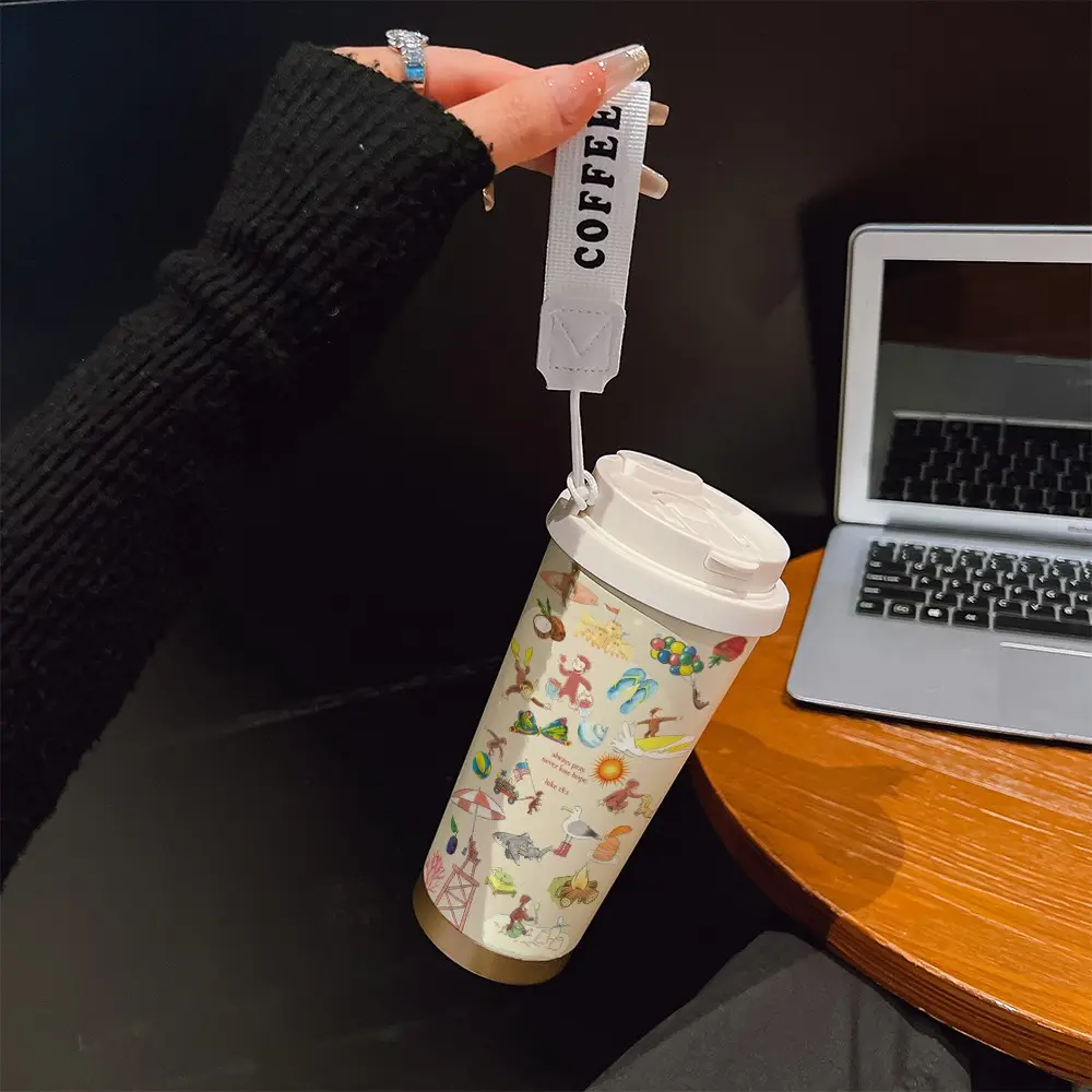 Coffee Cup 530ML Insulated Travel Mug Thermal Flask, Beach Monkey Sand Castle Design, Dual-Layer Leakproof Handle, Perfect Gift for Coffee Lovers