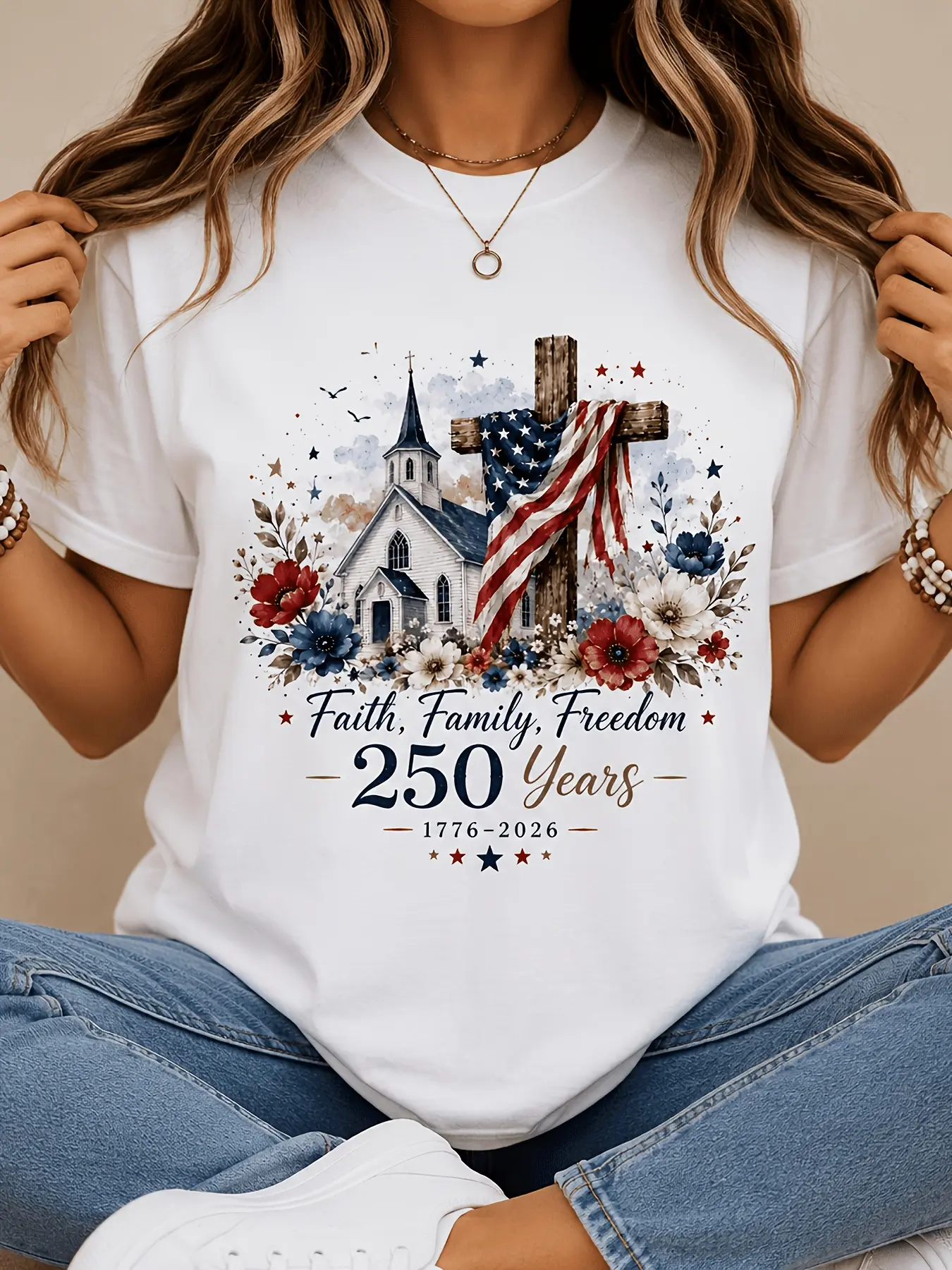 Plus Size - Women'S Faith Family Freedom 250 Years Graphic T-Shirt Patriotic Church Cross Floral Print Tee Casual Short Sleeve Crew Neck Top 1776-2026 Independence Day Summer Outfit