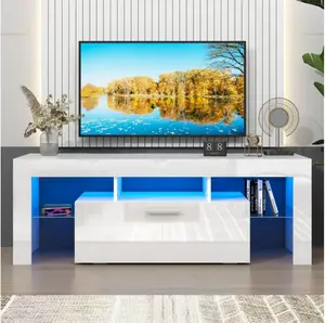 TV Stand for TV up to 55", Living Room Entertainment Center with RGB LED Lights and Storage Shelves Furniture, White High Gloss TV Cabinet Console Table