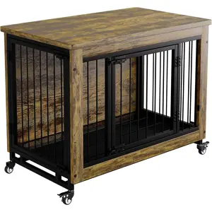38.6'' Rustic Wood Dog Crate Furniture with Pull-Out Tray, Wheels & 3 Doors, Indoor Kennel Heavy Duty Dog Kennel with Removable Tray, Side Table for Small Medium Breeds