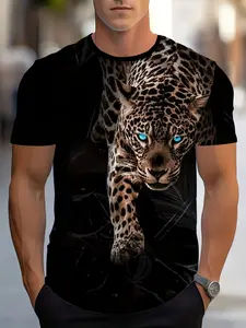 Leopard Print 3D Graphic Short Sleeve T-Shirt, Fashionable Casual Men's Summer Fitted Top, Versatile All-Season Wear