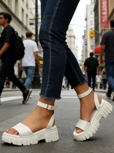 2026 Summer New Thick Sole Higher Platform Sandals, Ankle Strap, Simple Versatile PU Leather Shoes, Less Than Ankle Height, Rubber Sole, Comfy Footwear Sandals
