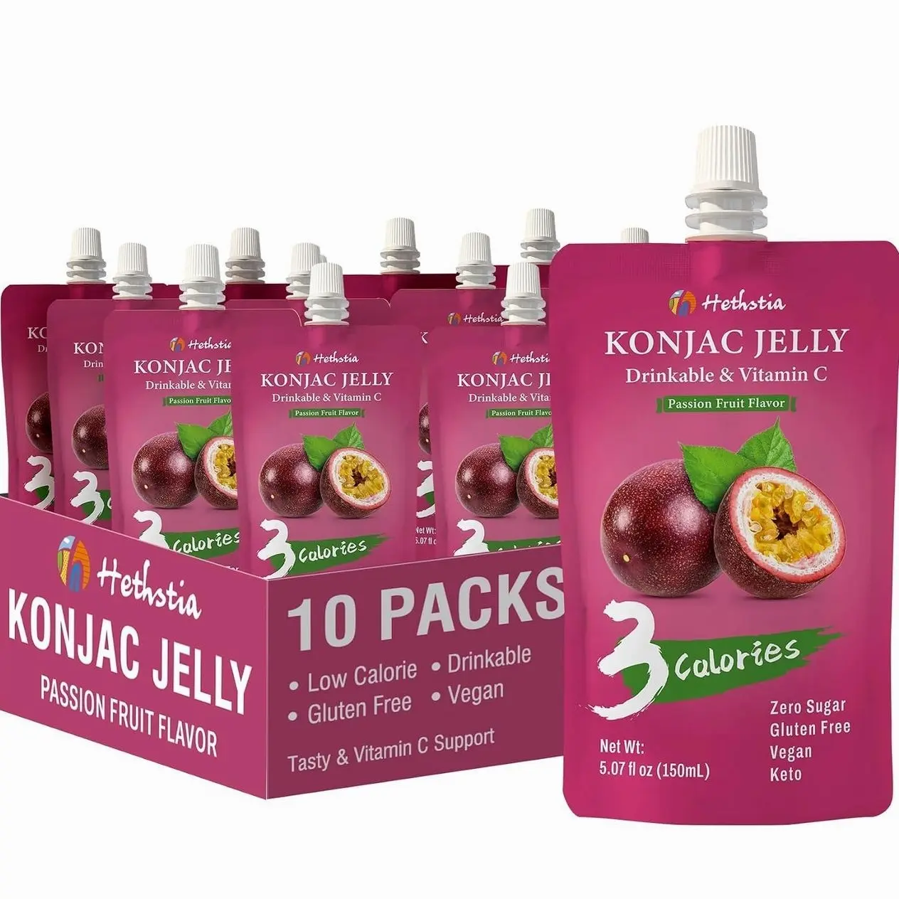 Hethstia Konjac Jelly Drinkable Squeeze Pouch Passion Fruit Flavor, 3 Calories, 10 Packs, 0 Sugar, Vegan, Gluten Free, Keto, Vitamin C Healthy Fruit Sweet Snacks & Holiday Gifts