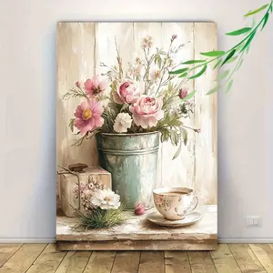 1 Piece Vintage Floral Painting - Soft Pink, White, and Green Pastel Tea Cup and Metal Bucket Bouquet, Old Wooden Frame Canvas Art Print - Hangable Farmhouse Style, Rustic Bohemian Wall Decoration, Suitable for Living Room, Bedroom, Kitchen - Housewarming