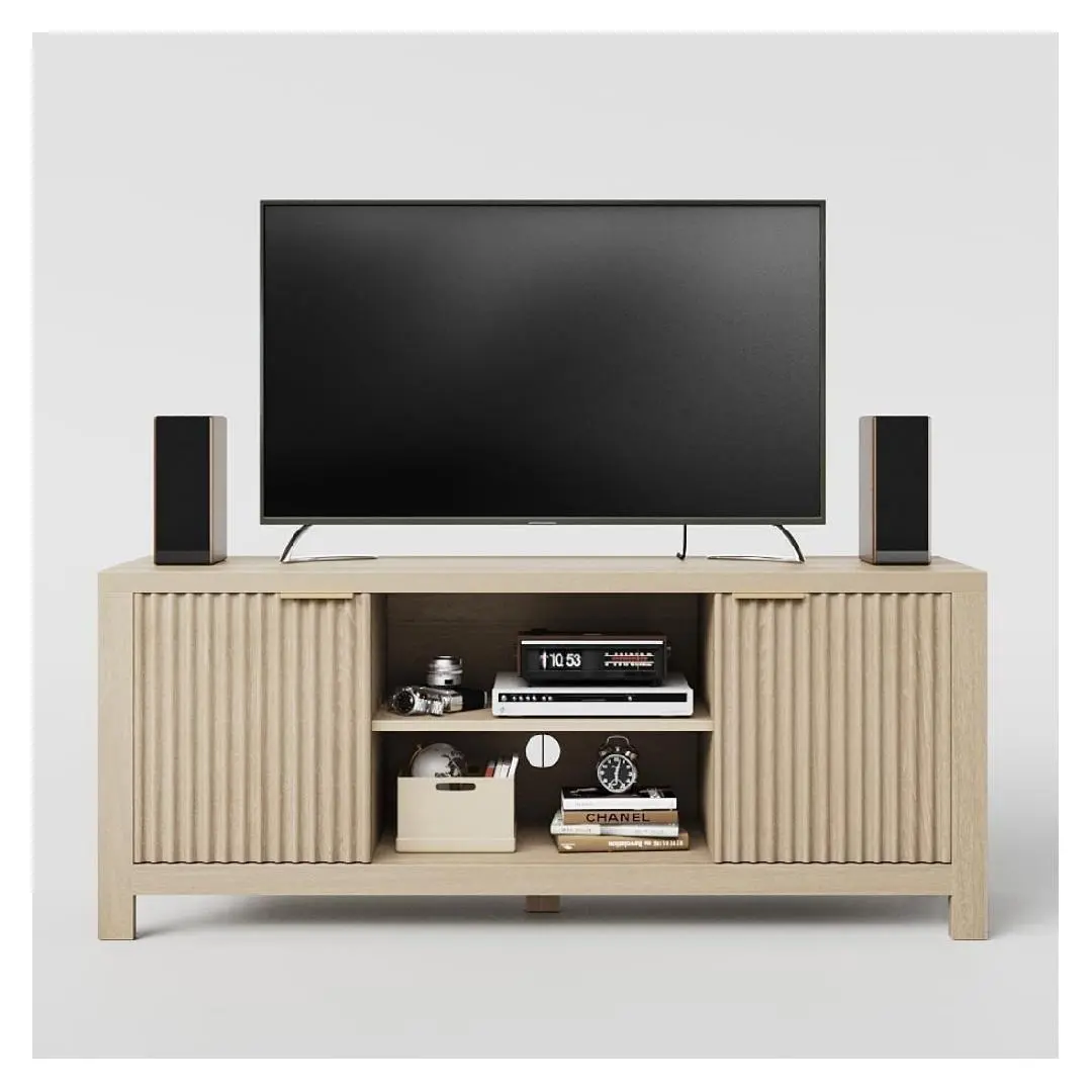 【Christmas Gift】Maple Oak 65 Inch Fluted TV Stand with Open Shelves and Storage Cabinets Modern Heavy Duty Entertainment Center for Living Room Bedroom