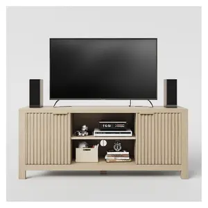 【Christmas Gift】Maple Oak 65 Inch Fluted TV Stand with Open Shelves and Storage Cabinets Modern Heavy Duty Entertainment Center for Living Room Bedroom