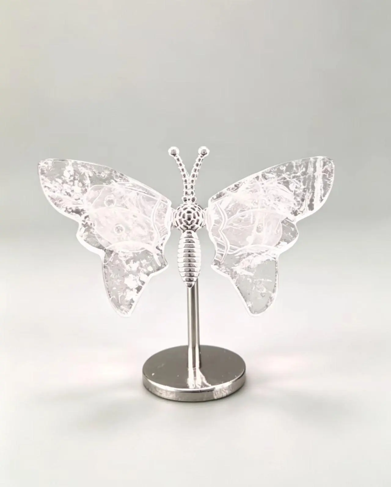 Natural Stone Butterfly Wing Crystal Ornament with Metal Stand - Spiritual Transformation Healing Decor for Unique Desk Display