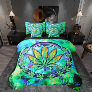 7 Pieces Cannabis Leaf Comforter Set,Marijuana Weed Psychedelic Bedding Set for Boys Girls,Tie-dye Graffiti Trippy (Comforter+Fitted+Flat Sheet+2 Pillowcases+2 Throw Pillow Covers)