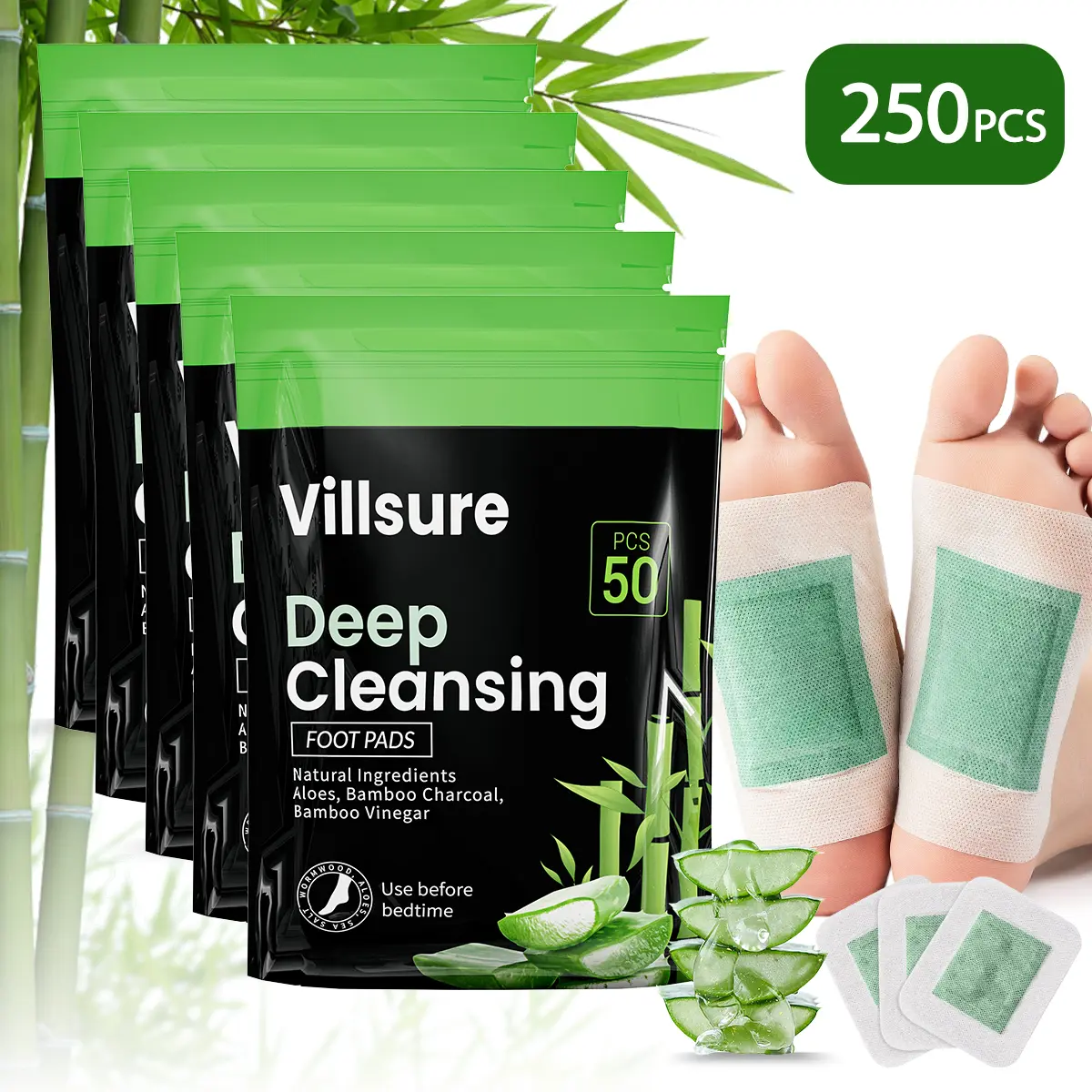 Villsure Foot Detox Patches - 5 Packs | Ultimate Bulk Supply & Maximum Savings | Deep Cleansing Foot Care for Family Use | 5x50 Pack Herbal Detox with Aloe & Tourmaline | Long-Term Solution to Relieve Fatigue, Improve Sleep & Full-Body Wellness