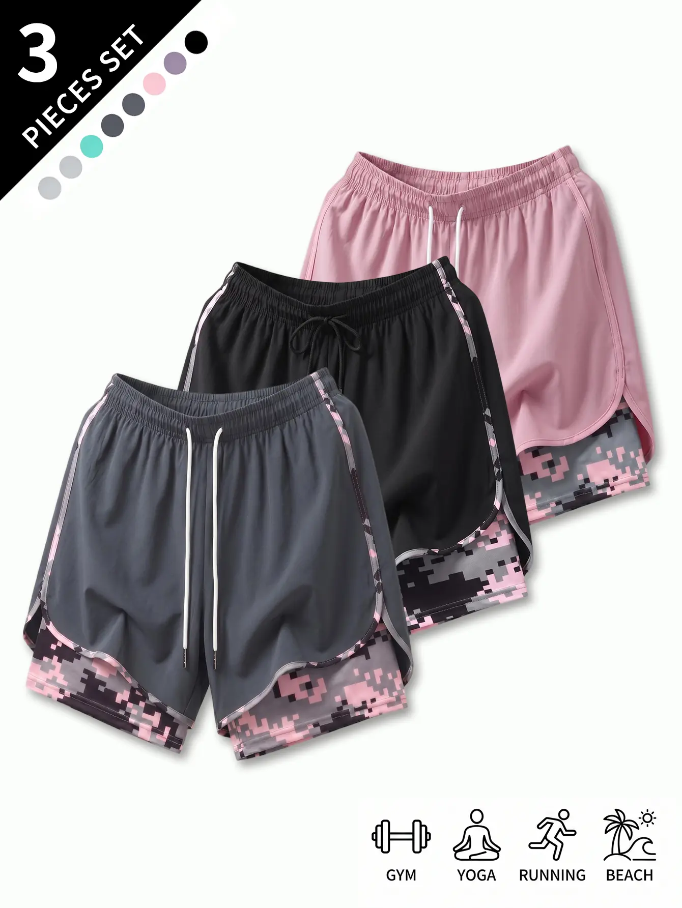 Women’s casual athletic shorts featuring a double anti-exposure design and an elastic drawstring waist—breathable fabric that is quick-drying and moisture-wicking; suitable for fitness, running, beach swimming, and outdoor training. Available in multiple