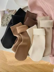 Women's 5 Pairs Solid Thermal Lined Crew Socks, Casual Comfortable Warm Socks for Fall & Winter, Multipack Plain Socks for Daily Wear