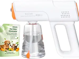 RIZZARI Pet Nano Sprayer with Bonus Deodorizing Solution -Cordless Rechargeable Fine Mist Atomizer with Blue Light -USB Large Capacity for Pet Grooming -Odor Control -Home Cleaning