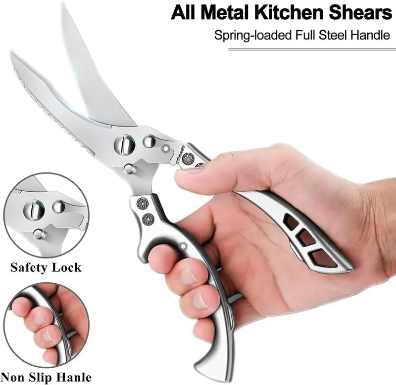 1PCS Stainless Steel Heavy Duty Poultry Kitchen Shears with Non-Slip Handle, Safety Lock, Spring Loaded for Chicken, Meat, Vegetables Cutting