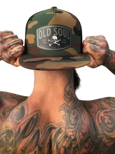 TheDriveClothing OLD SOUL REBEL Green Camo Snapback Hat – Unisex Streetwear Accessory, Adjustable Mesh Back, White & Green Print, TikTok Outfit Inspired, Festival, Skate, Everyday Edgy Style