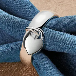 Heart Pendant Ring for Women – Silver Tone Minimalist Adjustable Open Band Cute Dainty Jewelry