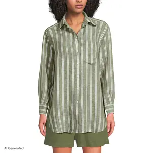 Lands' End Women's Linen Oversized Button Front Shirt - Large - Artichoke/White Double Stripe