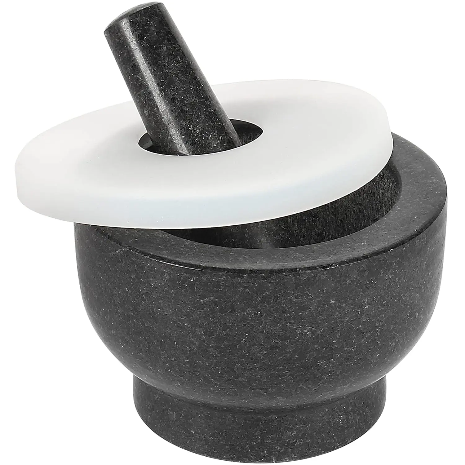 Granite Mortar and Pestle Set, 6" Grinding Bowl with Silicone Lid, Non-Slip Base, Spice Grinder for Fresh Salsa, Guacamole, Black