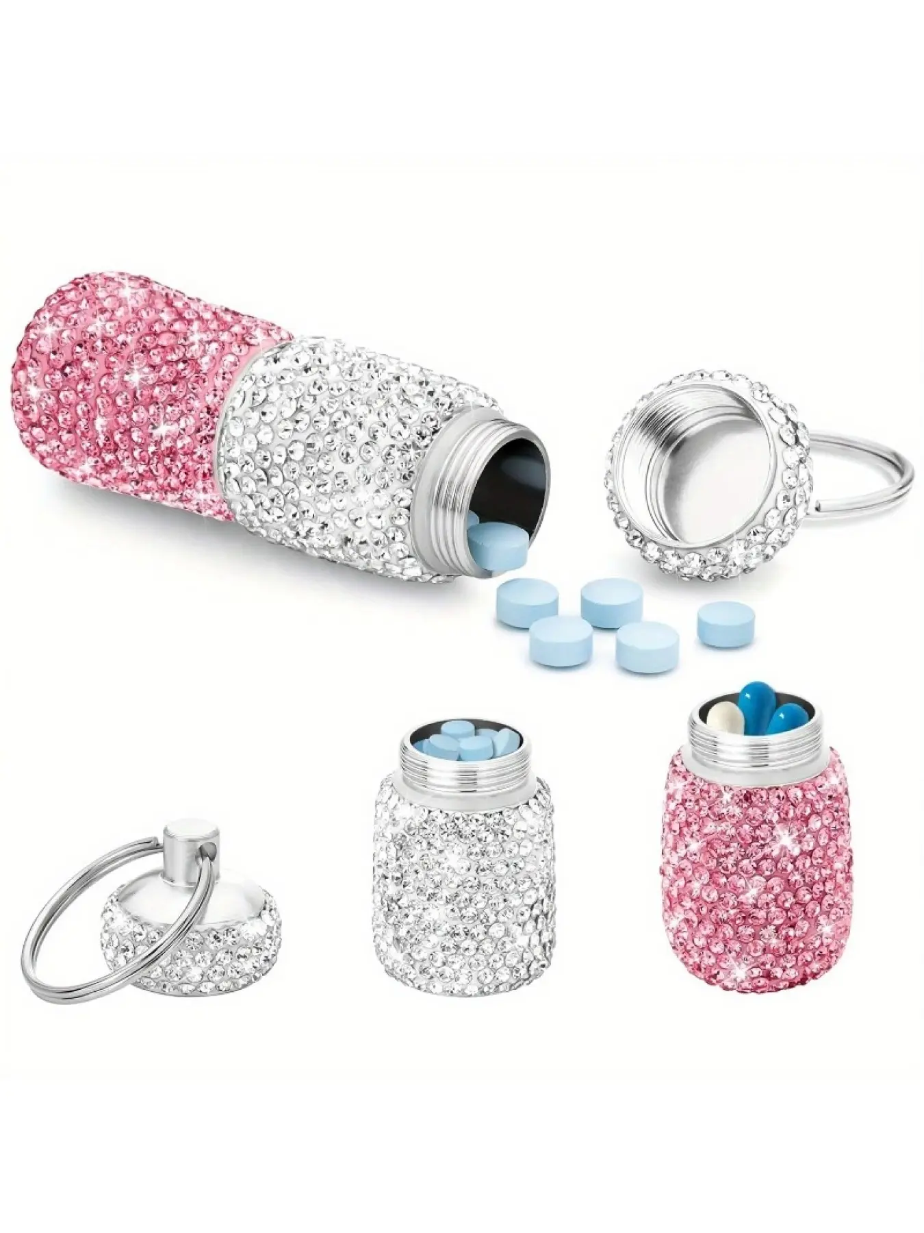 Luxury Waterproof Stainless Steel Pill Case Keychain Portable Travel Medicine Container with Full Rhinestones Key Ring Stylish Keychain for Women Girls Stylish Keyring