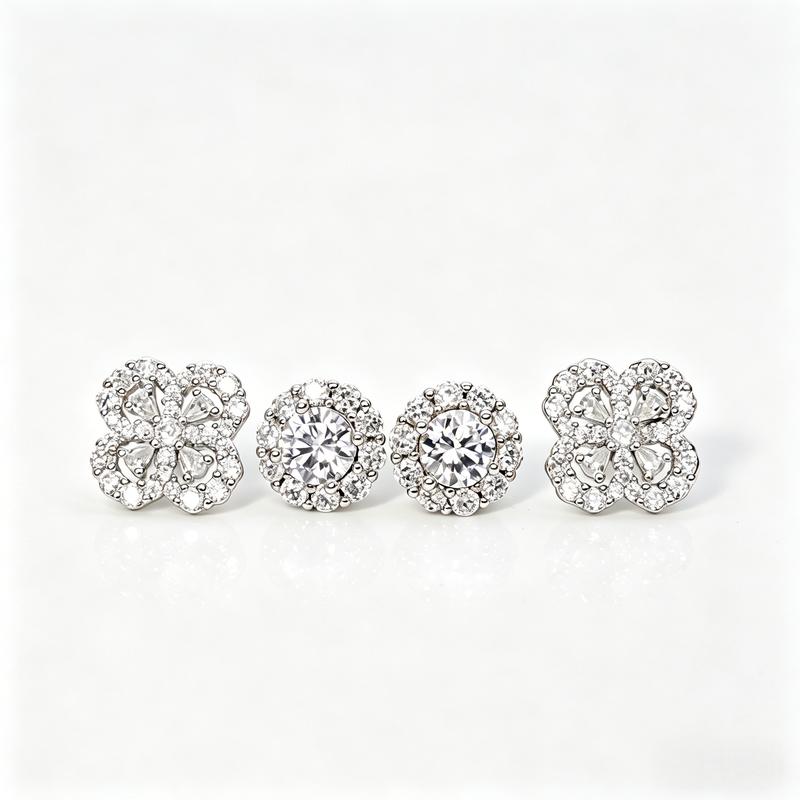 Women's 2-Pairs Hypoallergenic Cubic Zirconia Multi-Stud Earrings Set - Halo, Clover Designs, Earring Stacking Set, Casual Adults Studs Jewelry, Budget-Friendly Wedding Gift Accessory