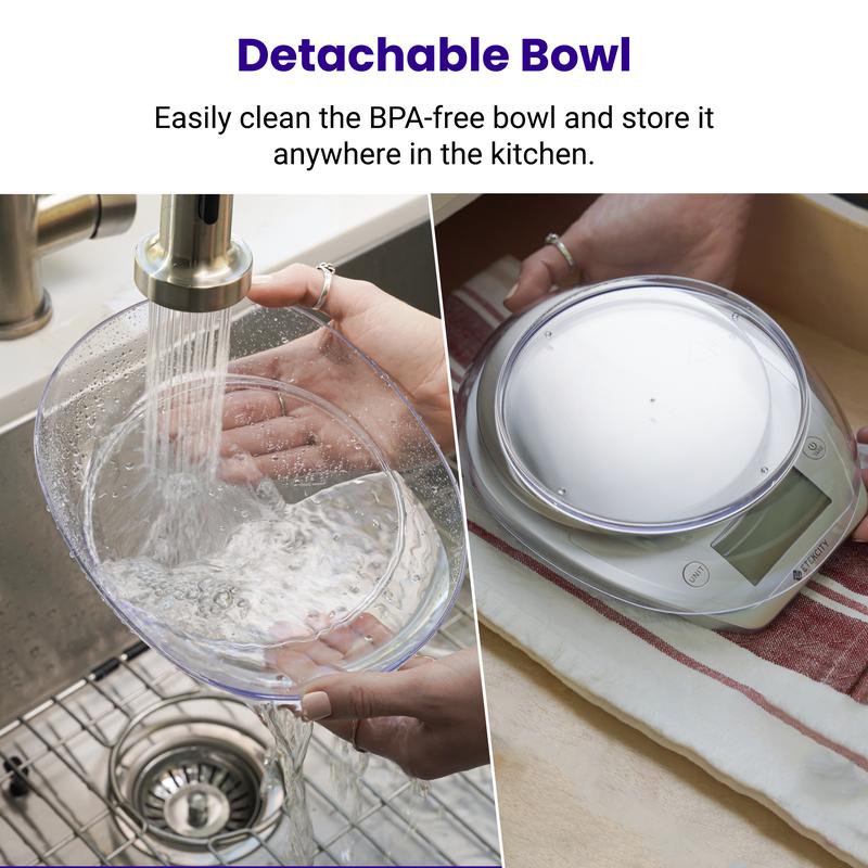 Etekcity Food Kitchen Coffee Scale with Bowl, 11lb/0.1g, Digital Weight Grams and Oz, Baking, Cooking, Dieting, and Meal Prep, 5kg, Stainless Steel