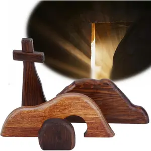 The Empty Tomb Easter Scene and Cross Decoration, Wooden Easter Jesus Sign Tiered Tray Decorations for The Home, Handcrafted Cross Figurines Decor Christian Home Wall Shelf Ideas for Tabletop