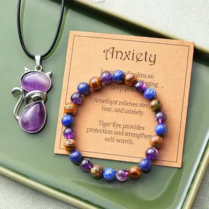 3PCS Jewellery Set Amethyst Cat Necklace and Amethyst Yellow Tiger Natural Stone Bracelet, Spiritual Feng Shui Jewellery Set, Stress Relief, Holiday Gift indian  jewellery friendship  bracelet