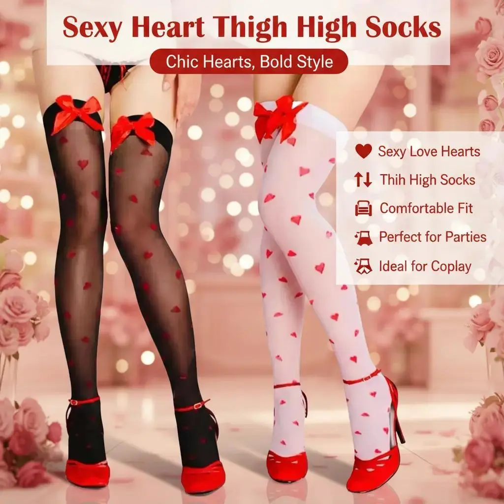 Women's Sexy Thigh High Socks - 2-Pair Lady Stockings with Cute Heart Style for Parties, Valentine's Day, Party, Romance, Valentines Day, Holiday, Casual, Semi-Sheer Womenswear Love, All Seasons, Two Pairs