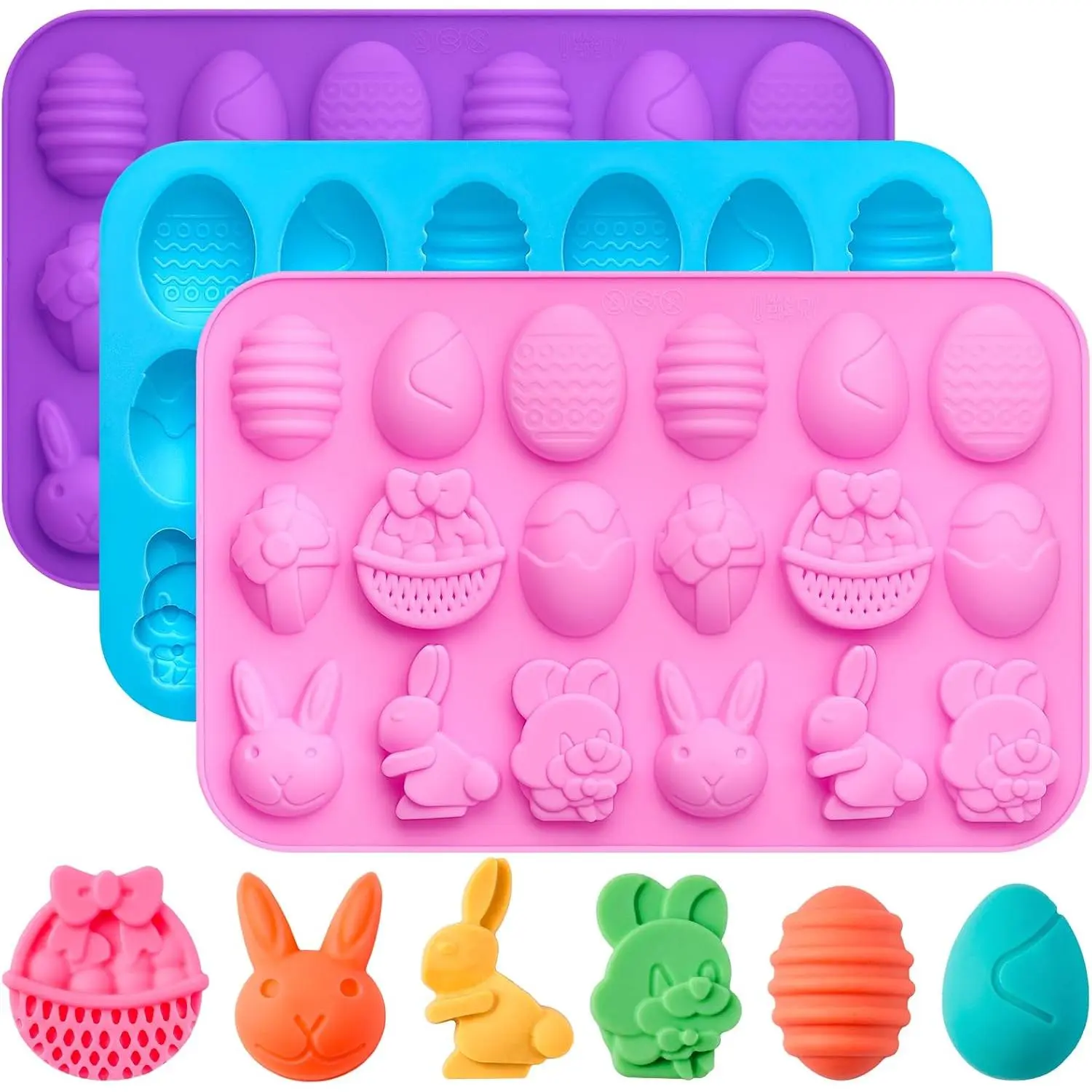 Easter Silicone Chocolate Molds, 3 Pack Egg Bunny Rabbit Basket Silicone Candy Molds for Easter Party Homemade Chocolates, Candies, Jello
