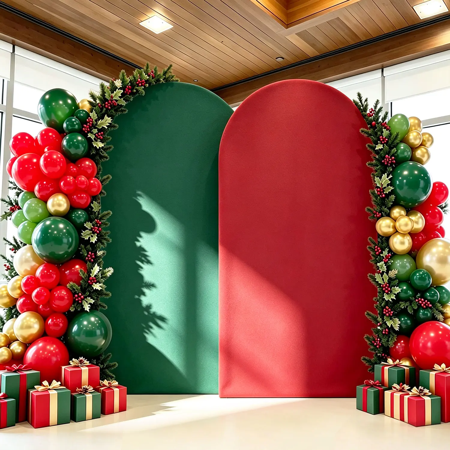 6.56FT Round Top Chiara Arch Stand Cover, Stretch Spandex Fitted Arch Backdrop Fabric, 2-in-1 Double Sided (Hunter Green Front & Burgundy Red Back) for Ceremony Banquet Birthday & Baby Shower Photo Booth Decor