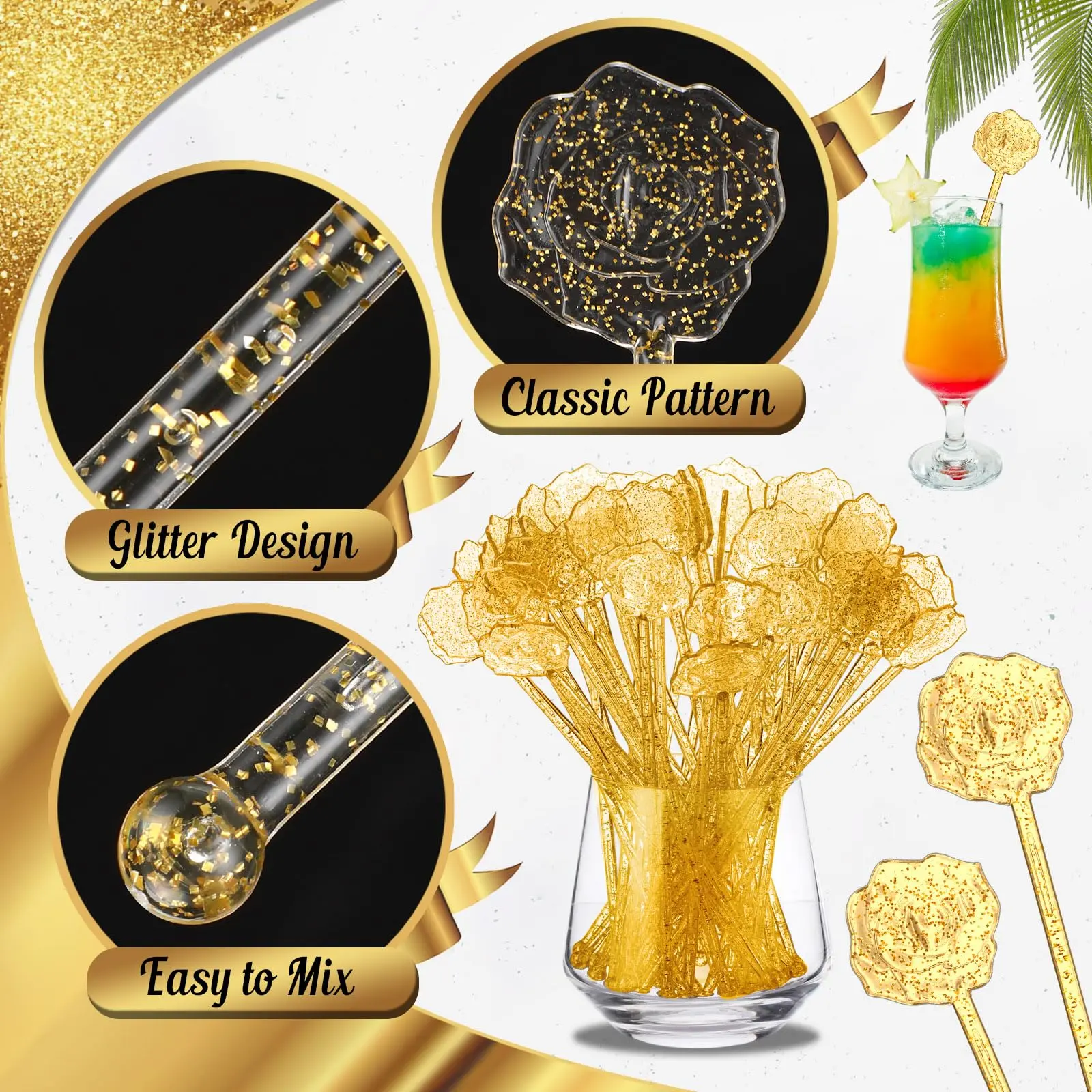 100 Rose Glitter Drink Stirrers Wedding Swizzle 7.5 Inch Plastic Reusable Stir Sticks For Mixed Drinks Coffee Party