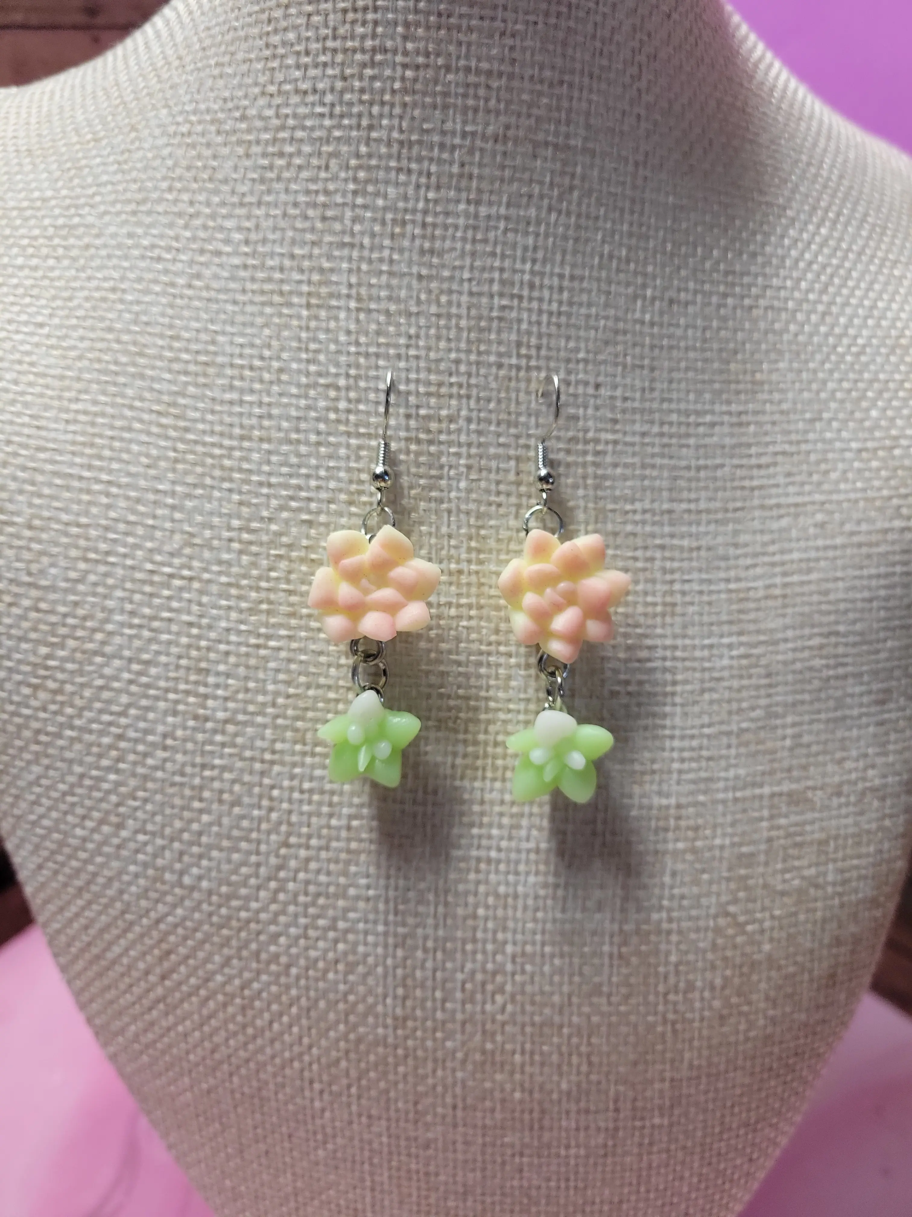 Pink and Green Clay Succulent Two Teir Earrings